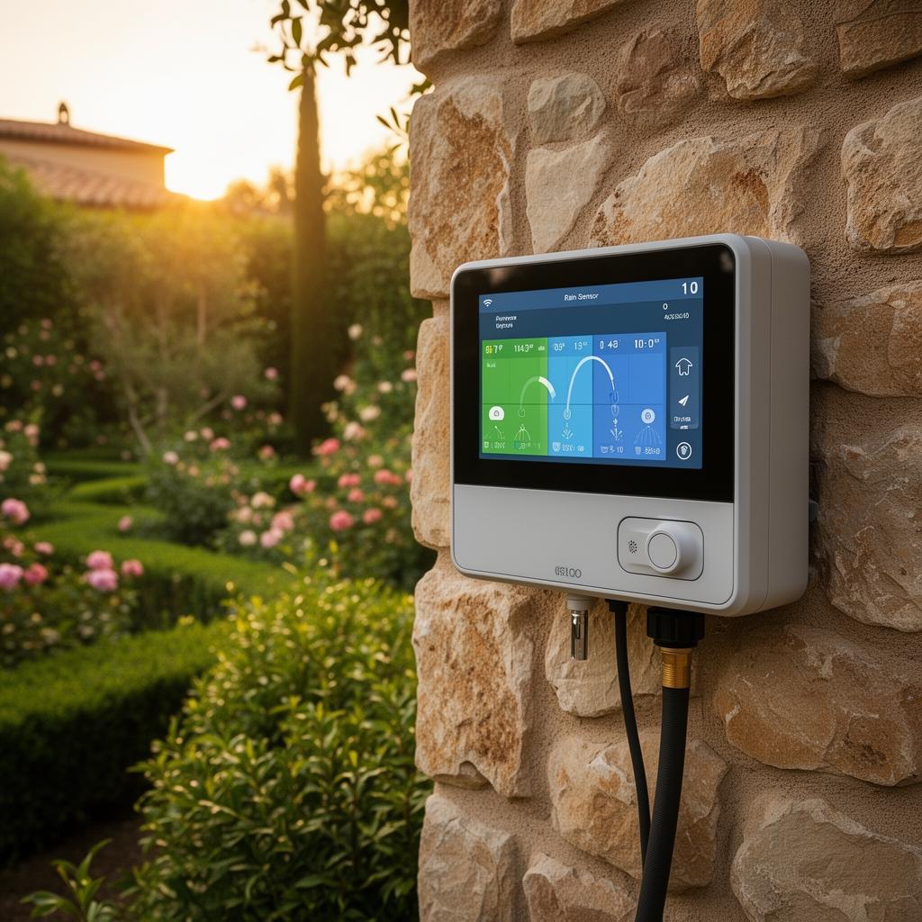 Programmateur d'arrosage connecté avec capteur de pluie dans un jardin à Vence