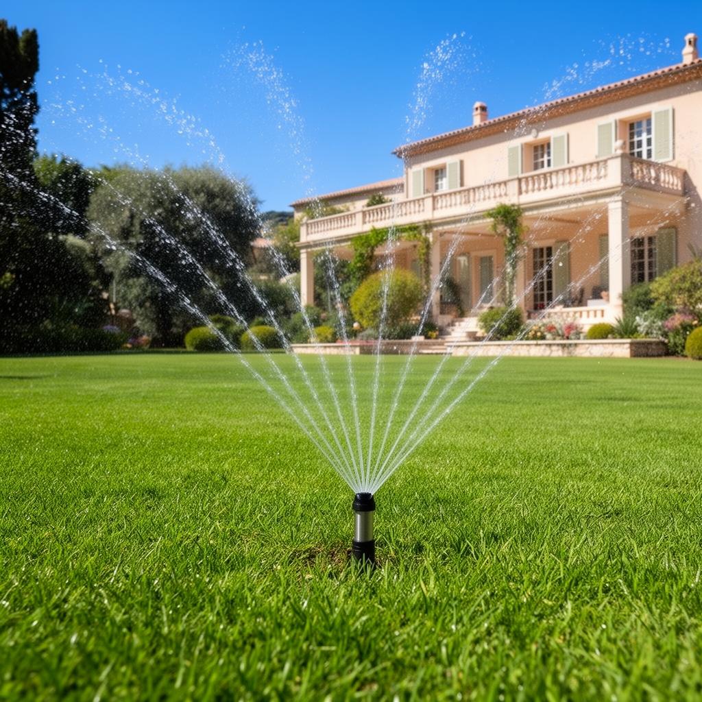 Système d'aspersion escamotable arrosant une pelouse dans un jardin de la Côte d'Azur