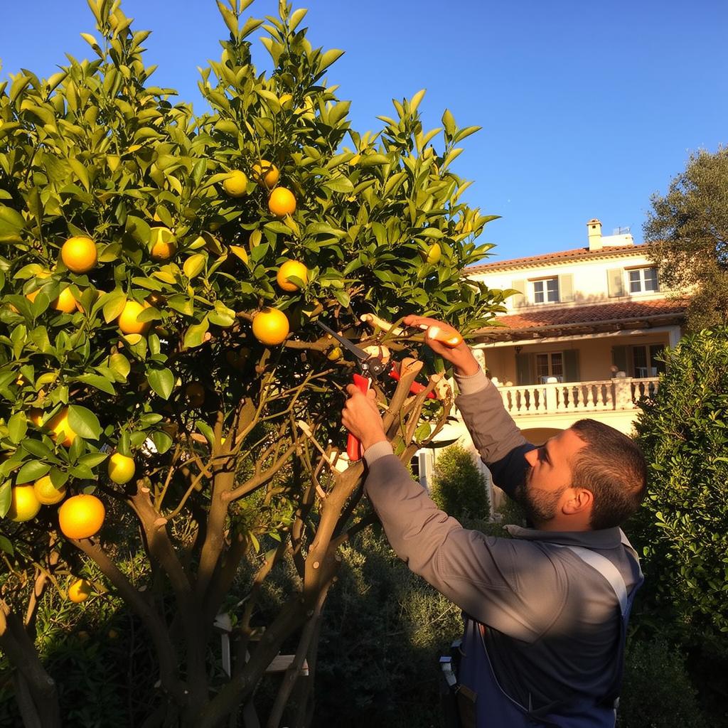 Taille de fructification d'arbres fruitiers dans un jardin méditerranéen
