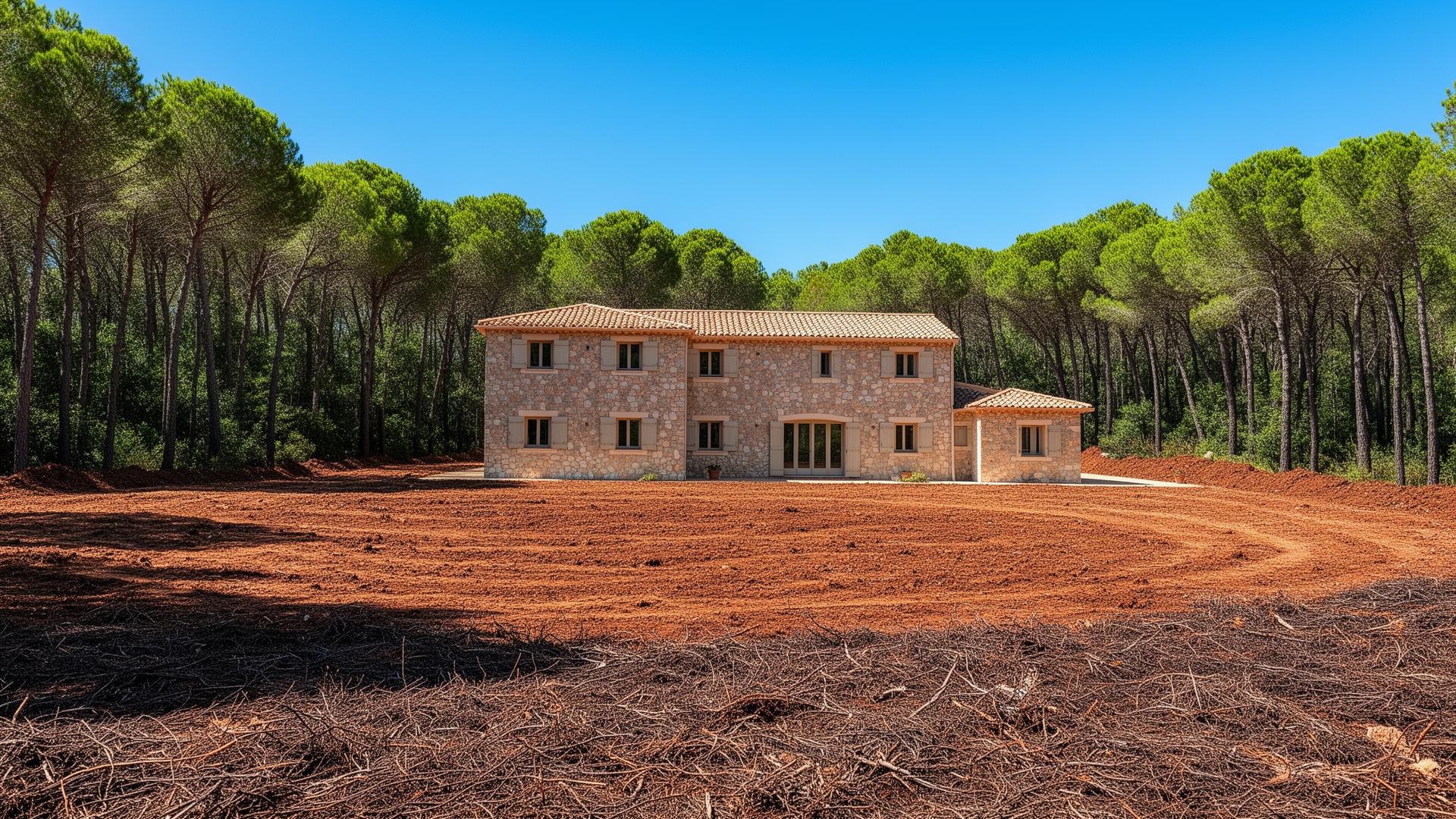 Parcelle nette et sécurisée après débroussaillage autour d'une maison en lisière de forêt