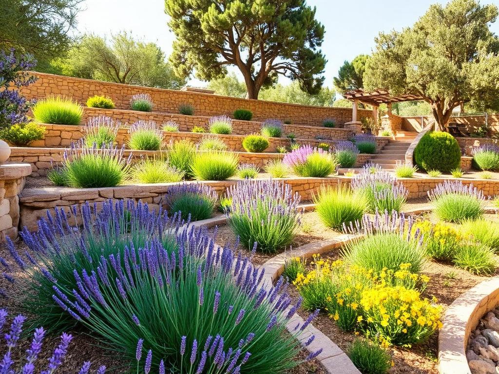 Jardin restructuré en terrasses avec plantations méditerranéennes